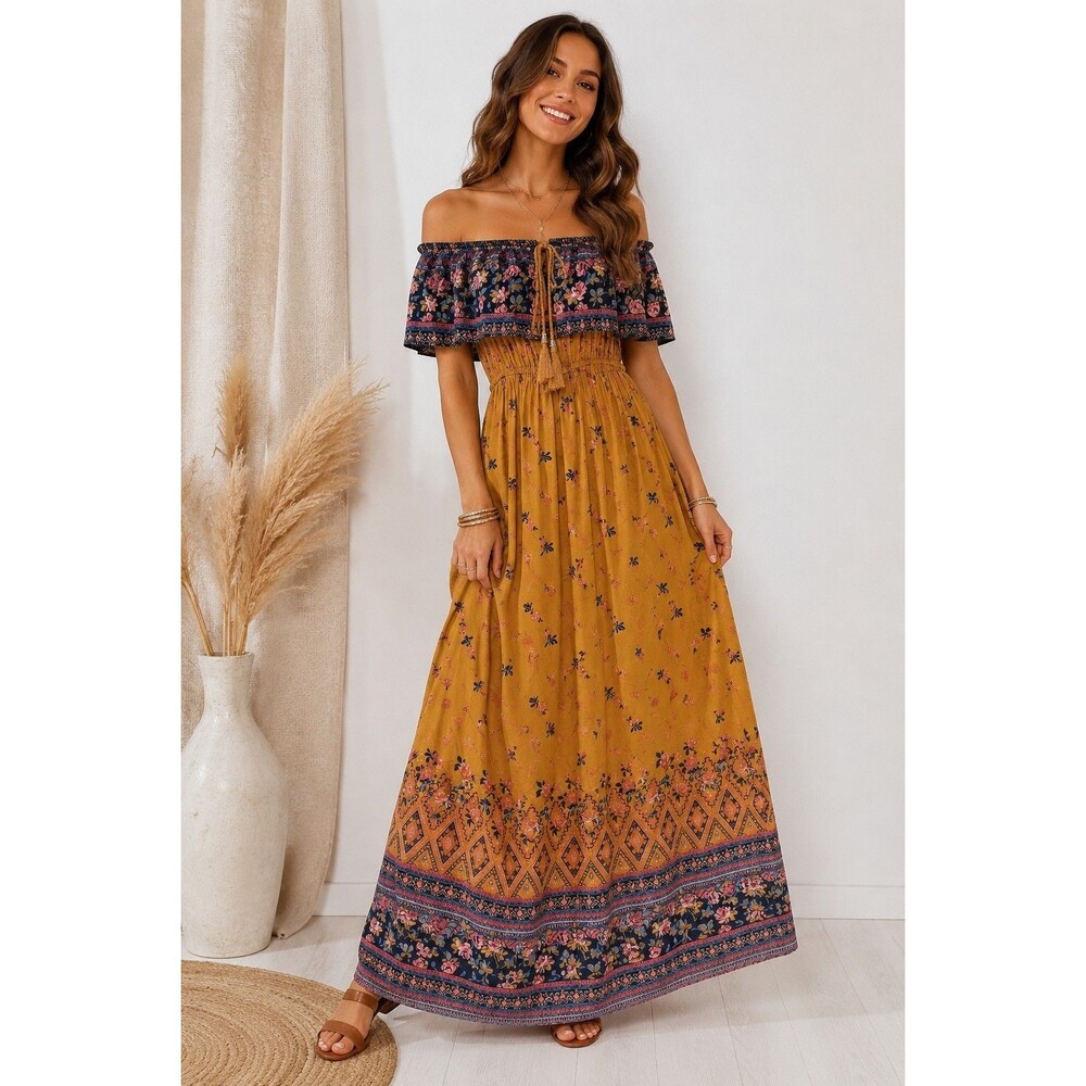 New Look Boho Prairie Maxi Dress Small Off Shoulder Floral Festival Peasant...